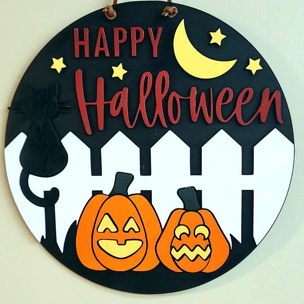 Happy Halloween wooden door hanger with black cat and pumpkins