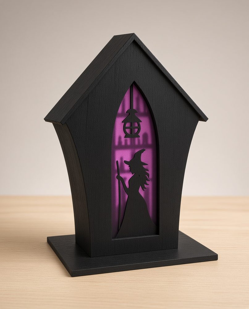 Purple witch tea light lantern, handcrafted wood